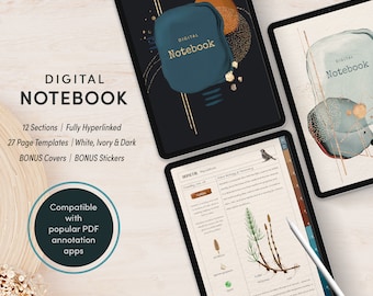 May include: A digital notebook with a dark blue cover and gold accents. The cover features a watercolor-style design with a blue and orange abstract shape. The notebook is open to a page with a botanical illustration and text. The text on the cover reads "DIGITAL Notebook".