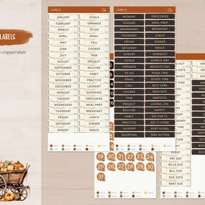 May include: A set of printable labels for a planner or journal. The labels are in a rustic style with brown and black backgrounds. The labels include categories such as goals, errands, to do, call, chores, task, project, routine, habit, practice, laundry, shopping, groceries, meal prep, breakfast, lunch, dinner, snack, Monday, Tuesday, Wednesday, Thursday, Friday, Saturday, Sunday, workout, cardio day, weights day, yoga time, study time, self care, meditate, grateful, loving life, happy, go for it, get it done, keep going, take action, out, savings, income, expense, January, February, March, April, May, June, July, August, September, October, November, December, pay day, bills due, bill due, due date, rent due.