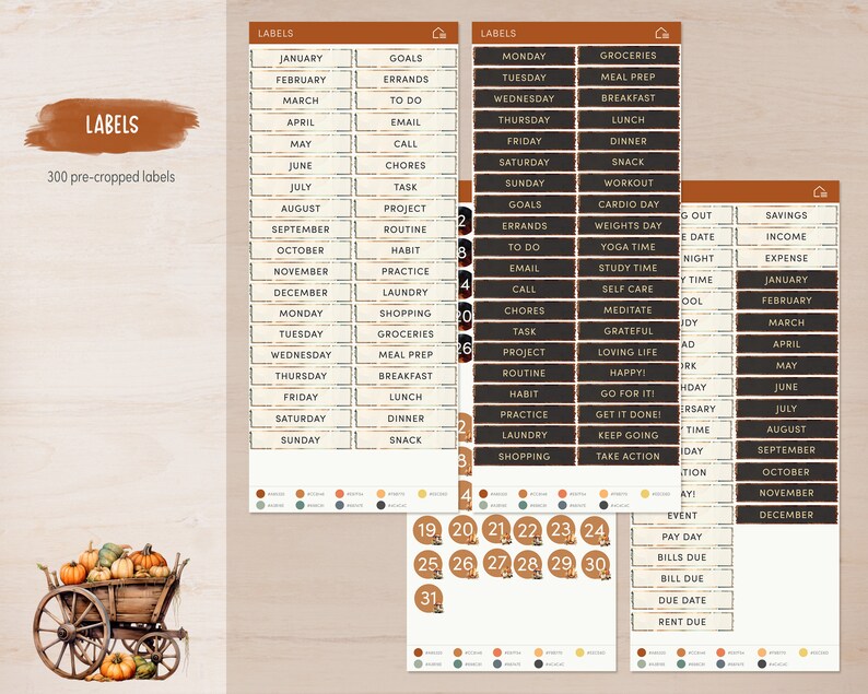 May include: A set of printable labels for a planner or journal. The labels are in a rustic style with brown and black backgrounds. The labels include categories such as goals, errands, to do, call, chores, task, project, routine, habit, practice, laundry, shopping, groceries, meal prep, breakfast, lunch, dinner, snack, Monday, Tuesday, Wednesday, Thursday, Friday, Saturday, Sunday, workout, cardio day, weights day, yoga time, study time, self care, meditate, grateful, loving life, happy, go for it, get it done, keep going, take action, out, savings, income, expense, January, February, March, April, May, June, July, August, September, October, November, December, pay day, bills due, bill due, due date, rent due.
