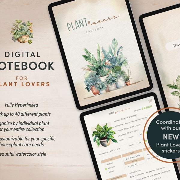 Cahier numérique pour les amateurs de plantes, suivi jusqu'à 40 plantes, organisé par plante individuelle ou par collection entière, beau style aquarelle