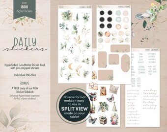 May include: A digital sticker pack with over 1800 stickers featuring watercolor illustrations of leaves, branches, and floral elements in shades of green, brown, and beige. The stickers include shapes, frames, words, numbers, and days of the week. The text "DAILY stickers" is featured in the image.
