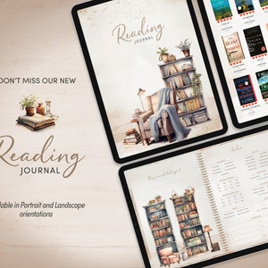 May include: A digital planner with a watercolor illustration of a cozy reading nook. The planner is titled "Reading Journal" and includes a list of books and a section for notes. The text "Don't miss our new Reading Journal" is also included.