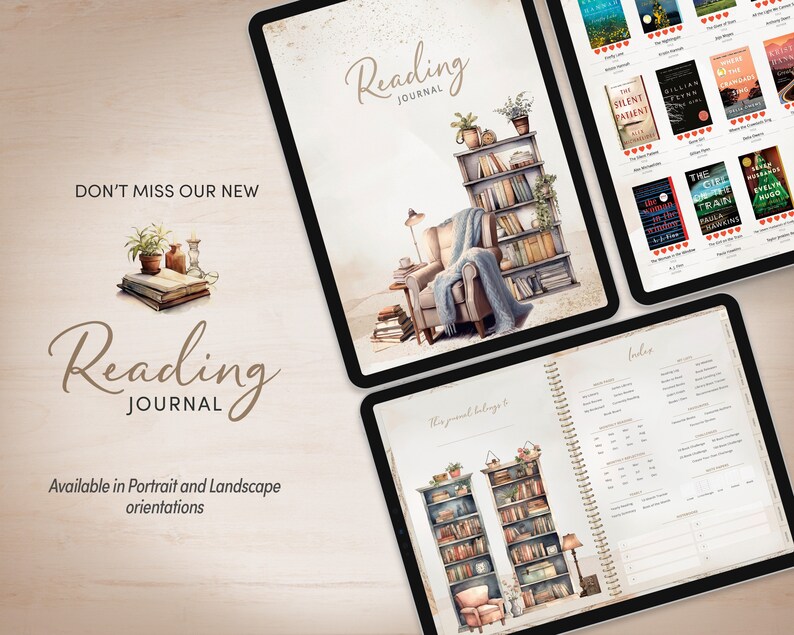 May include: A digital planner with a watercolor illustration of a cozy reading nook. The planner is titled "Reading Journal" and includes a list of books and a section for notes. The text "Don't miss our new Reading Journal" is also included.