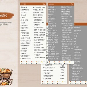 May include: A printable planner page with a list of words for daily tasks and goals. The words are organized in columns and include words like "goals", "errands", "to do", "email", "call", "chores", "task", "project", "routine", "habit", "practice", "laundry", "shopping", "groceries", "meal prep", "breakfast", "lunch", "dinner", "snack", "workout", "cardio day", "weights day", "yoga time", "study time", "self care", "meditate", "grateful", "loving life", "happy!", "go for it!", "get it done!", "keep going", "take action", "reminder", "important", "urgent", "priority", "priorities", "don't forget", "remember", "today", "tomorrow", "now", "later", "deadline", "schedule", "reschedule". The page also includes a calendar with the months of the year and days of the week.