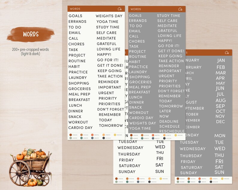 May include: A printable planner page with a list of words for daily tasks and goals. The words are organized in columns and include words like "goals", "errands", "to do", "email", "call", "chores", "task", "project", "routine", "habit", "practice", "laundry", "shopping", "groceries", "meal prep", "breakfast", "lunch", "dinner", "snack", "workout", "cardio day", "weights day", "yoga time", "study time", "self care", "meditate", "grateful", "loving life", "happy!", "go for it!", "get it done!", "keep going", "take action", "reminder", "important", "urgent", "priority", "priorities", "don't forget", "remember", "today", "tomorrow", "now", "later", "deadline", "schedule", "reschedule". The page also includes a calendar with the months of the year and days of the week.