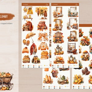 May include: A set of 160+ pre-cropped stickers featuring autumnal illustrations. The stickers include images of pumpkins, mushrooms, leaves, lanterns, windows, and other fall-themed elements. The stickers are perfect for adding a touch of autumn to your crafts, journals, and other projects.