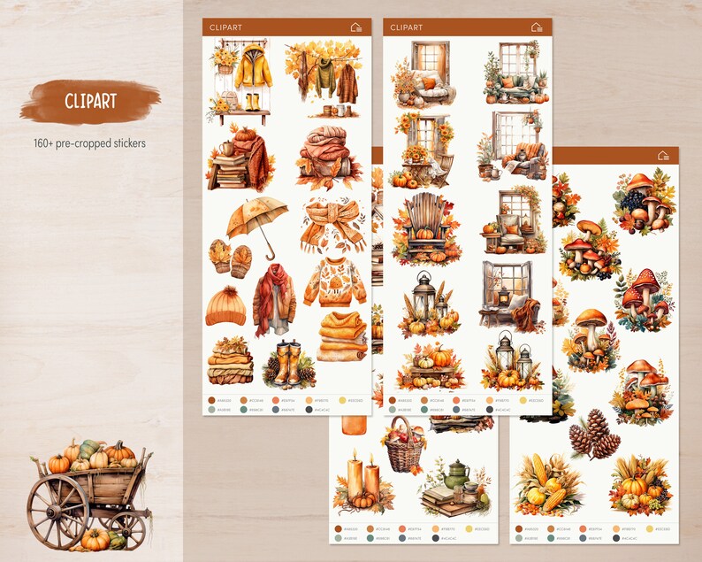 May include: A set of 160+ pre-cropped stickers featuring autumnal illustrations. The stickers include images of pumpkins, mushrooms, leaves, lanterns, windows, and other fall-themed elements. The stickers are perfect for adding a touch of autumn to your crafts, journals, and other projects.