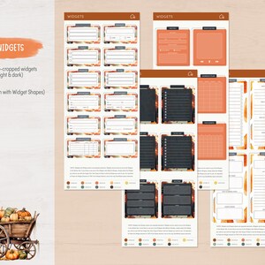May include: A set of printable planner widgets with a fall theme. The widgets are in various shapes and sizes, and feature a variety of designs, including a calendar, a to-do list, and a habit tracker. The widgets are pre-cropped and ready to be used in any planner.