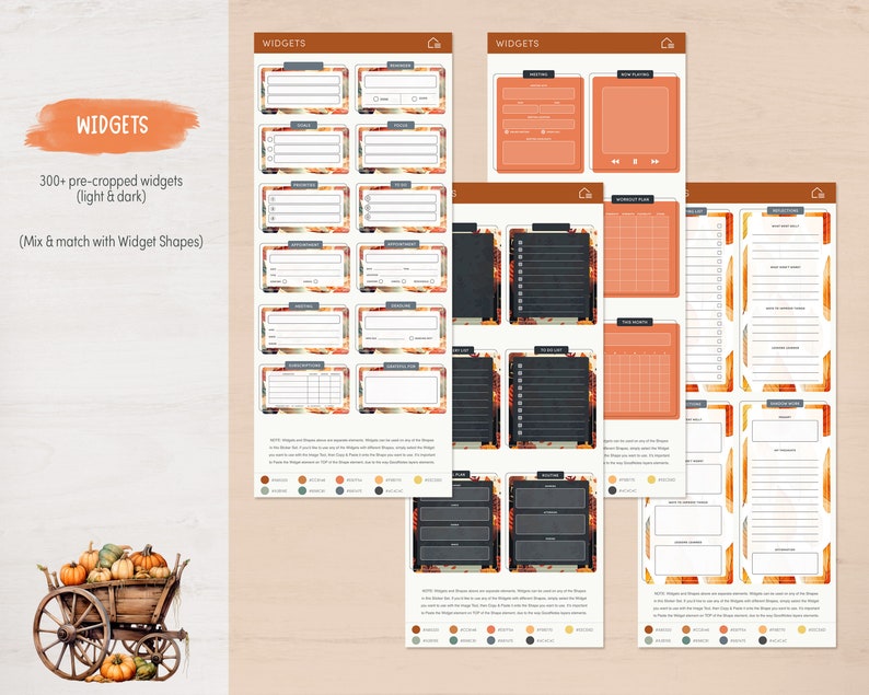 May include: A set of printable planner widgets with a fall theme. The widgets are in various shapes and sizes, and feature a variety of designs, including a calendar, a to-do list, and a habit tracker. The widgets are pre-cropped and ready to be used in any planner.