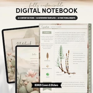May include: A digital notebook with a watercolor background featuring a cactus and a lotus flower. The notebook has a tabbed index with sections for "Index", "Content Sections List", "Important Dates", "Templates & More", and "Stickers". The notebook also includes a page with a botanical illustration of Equisetum (common horsetail) with labels for "strobilus", "sporangiophores", "tuber", "rhizome", "spore", and "root".