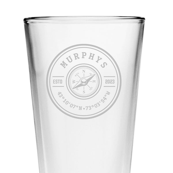 PERSONALIZED BARWARE Circle Compass Lat Long Pint Glass, Whiskey Gift, Custom Drinkware, Personalized Wedding Gift, Custom Birthday Gift