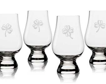 Who's Lucky Shamrock Assortment Glencairn Classic Scotch Whisky Glasses, Set of 4, Deeply Sand Etched, 6.75oz,