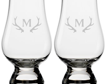 Antlers Monogram Glencairn Classic Scotch Whisky Glasses, Set of 2, Deeply Sand Etched, 6.75oz, Perfect Whiskey Taster Made in Germany