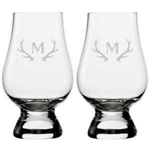 Antlers Monogram Glencairn Classic Scotch Whisky Glasses, Set of 2, Deeply Sand Etched, 6.75oz, Perfect Whiskey Taster Made in Germany
