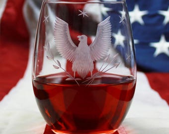 FEDERAL EAGLE Hand-Cut Stemless Wine Glass, Patriotic Drinkware, American Eagle Glassware