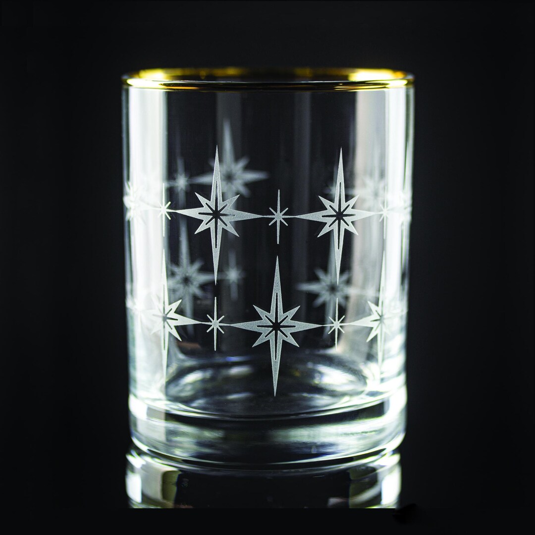 Retro Starburst Wrap Sand Etched, Gold-rimmed Rocks Glass, Festive ...