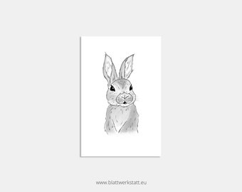 Postcard animals black and white motif "rabbit" hand-painted graphically printed