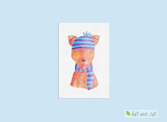 Postcard Winter Horst Dog With Hat And Scarf Hand Etsy