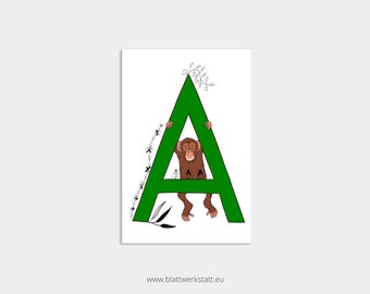 Postcard ABC Alphabet Animals "Monkey" Printed