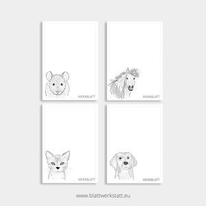 4er Pack Notizblock DIN A7 "Merkblatt Maus, Katze, Hund, Pferd" gedruckt