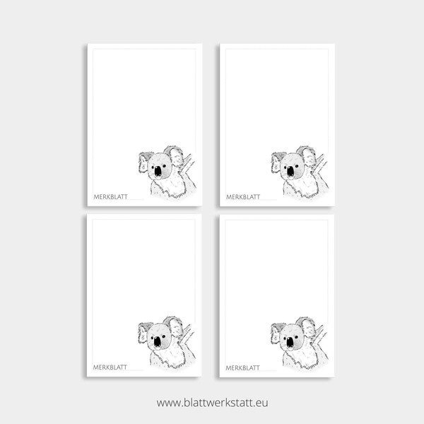 4er Pack Notizblock DIN A7 "Merkblatt Koala" gedruckt