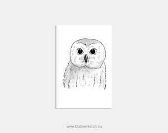 Postcard animals black and white motif "owl" hand-painted graphically printed