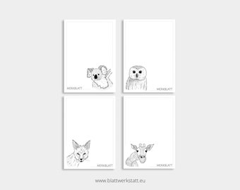 4er Pack Notizblock DIN A7 "Merkblatt Koala, Giraffe, Fuchs, Eule" gedruckt