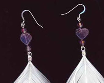 Purple Hearts White Peacock Feather Earrings with Fluorite & Purple Swarovski Crystals~!