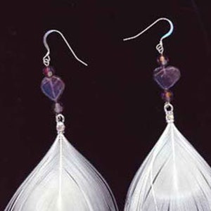 Purple Hearts White Peacock Feather Earrings with Fluorite & Purple Swarovski Crystals~!