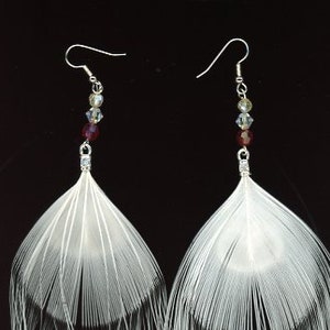 Sweet Hearts~ White Peacock Eye Feather Earrings~ with Red and Aurora Swarovski Cut Crystal Beads~