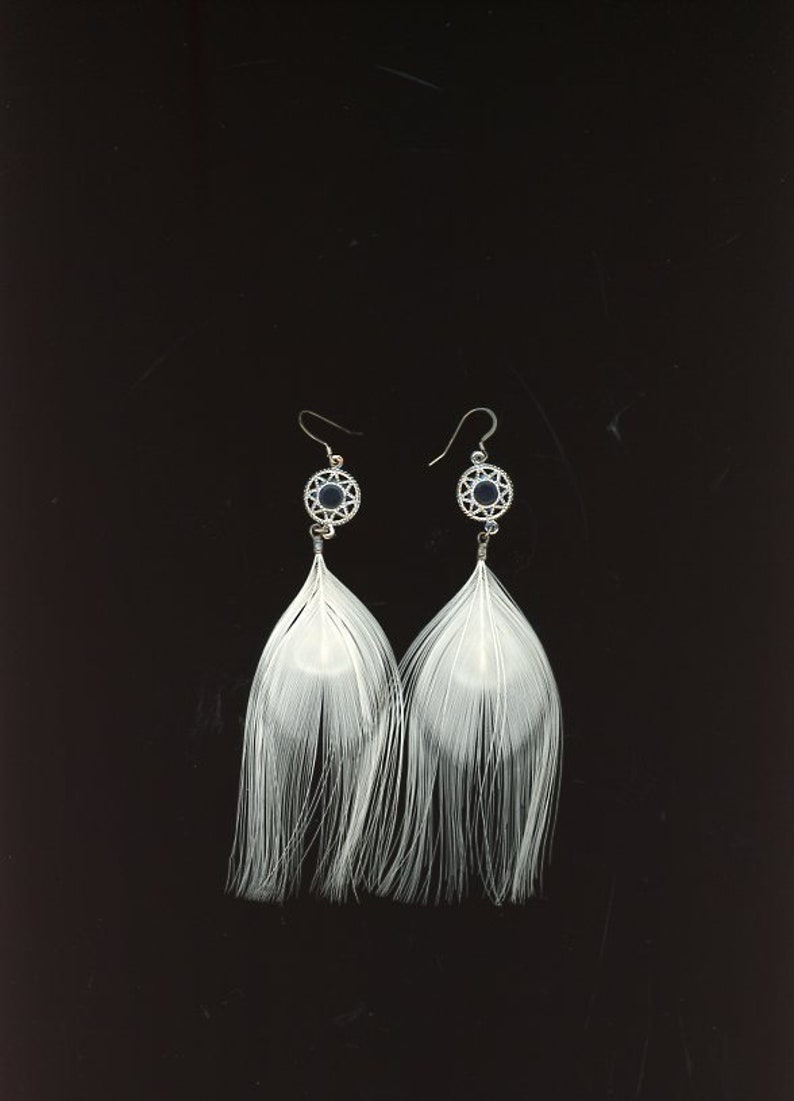 Blue Stars~ White Peacock eye Feather Earrings With cornflower Blue Star Beads Toppers /& Sterling Earwires!