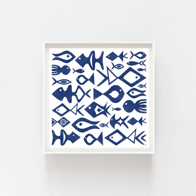 Pack of Blue Fish, Square White and Blue Picture, Marine Art Print