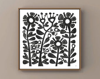Black and White Botanical Art / Square Floral Wall Art / Floral Art Print / Stylized flowers / Bohemian Art / Square Black White Art.