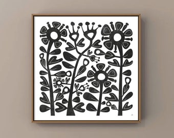 Black and white botanical art, floral poster, floral art, stylized flowers, bohemian art.