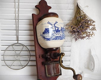 Vintage Wandkaffeemühle, Kaffeemühle, Mühle, Holland Motiv mit Windmühle nach Art von Delft Weiß / Blau