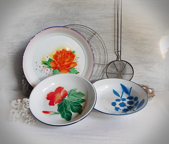 Platos de esmalte antiguos cuencos cuenco emallierte decoracion floral vintage shabby chic O 30 cm O 24 cm O 23 cm Plato de esmalte cuenco Etsy Mexico