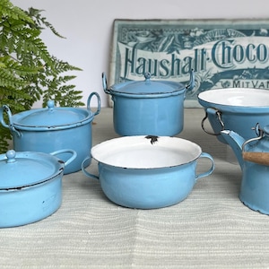 Antique enamel toys, kitchen utensils, blue enamel, enamel doll dishes, pots, kettles