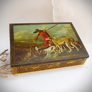 Antique tin can Müller Karlsbad, advertising tin can, hunters with greyhounds, tin can - Vintage, Brocante