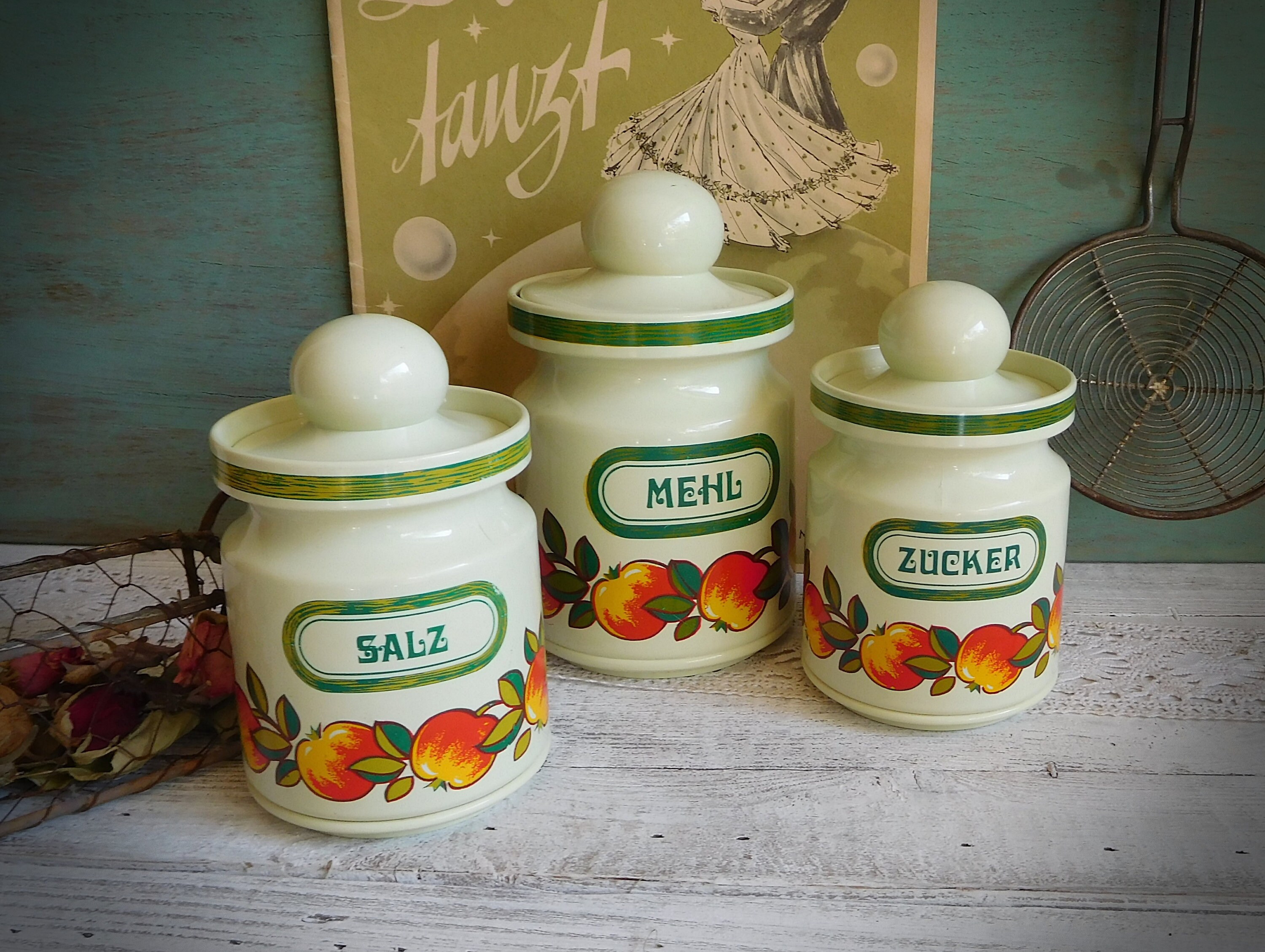 3 Vorratsdosen emsa, Mehl, Salz, Zucker Apfel Dekor, Vintage 70er Jahre, storage jars, flour, salt, sugar