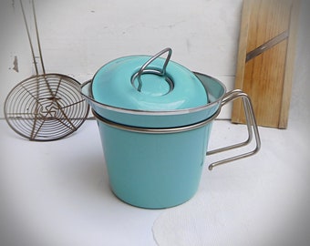 Oude EMS emaille pot met deksel, melkpot, pastelblauw, jaren 50/60, vintage