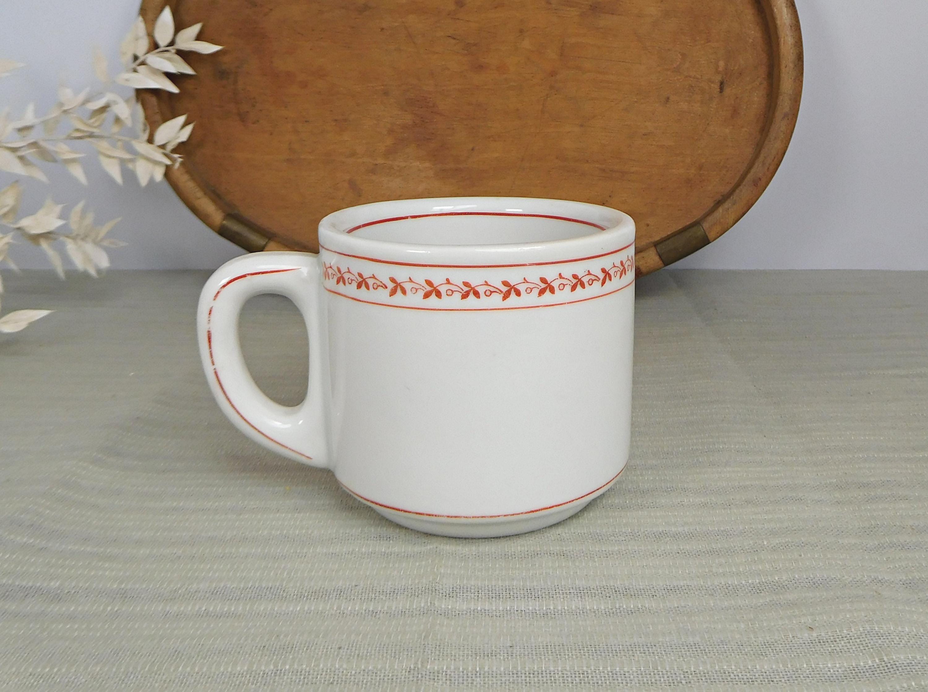 Tazza antica, tazza da caffè, tazza da tè, tazza da cacao, realizzata in porcellana molto spessa e decorazione a viticci rossi, vintage