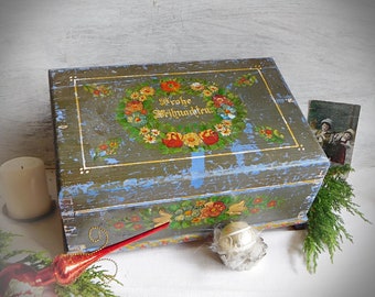 Traumhafte sehr alte Holzkiste, Weihnachtskiste - Frohe Weihnachten - Cottage home - Brocante - Shabby christmas, wooden box merry christmas