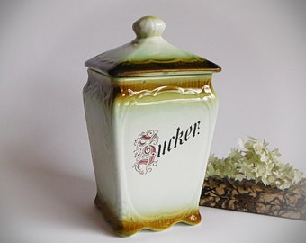 Antiker Zucker Vorratsbehälter, Vorratsdose, Zuckerdose aus Keramik, um 1920, Vintage, Sugar storage container, sugar bowl