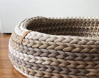 Designer bed in shades of beige, large cotton cat basket for small medium dog animal, crochet chunky yarn, recycled eco quality cotton.