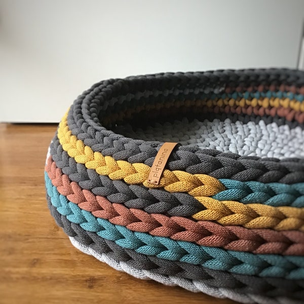 Design bed in original colors for a pet, eco upcycled cotton basket for small medium cat dog, crochet chunky house for sleeping.