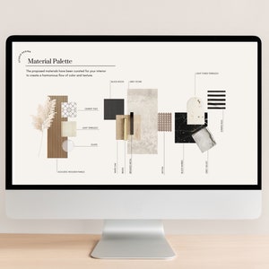 Puede incluir: Una pantalla de ordenador que muestra una paleta de materiales para el dise&ntilde;o de interiores. La paleta incluye una variedad de texturas y colores, como madera, piedra y tela. El texto en la pantalla dice "Paleta de materiales" y "Los materiales propuestos han sido seleccionados para su interior para crear un flujo armonioso de color y textura."