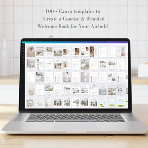 May include: A laptop computer displaying a Canva design template for a welcome book for Airbnb guests. The template includes 100+ pages with various layouts and designs.