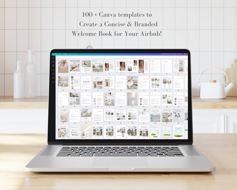 May include: A laptop computer displaying a Canva design template for a welcome book for Airbnb guests. The template includes 100+ pages with various layouts and designs.