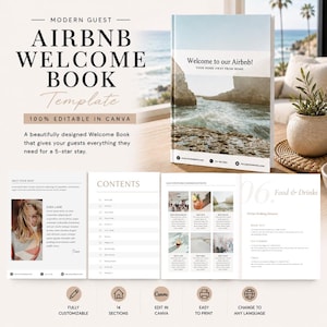 May include: A digital template for an Airbnb welcome book featuring a cover with a coastal landscape image and the text Welcome to our Airbnb. The layout includes pages for host introductions, contents, location recommendations, and food and drinks.