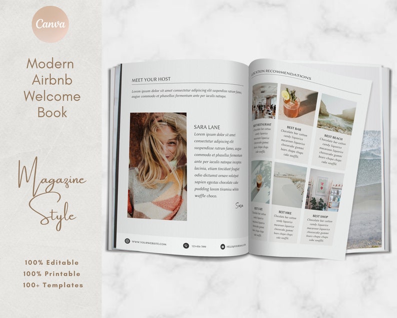 May include: Open book with a white background. The left page has the text "Modern Airbnb Welcome Book" and "Magazine Style". The right page has a photo of a woman and text that says "Meet Your Host" and "Sara Lane". The bottom of the page has text that says "100% Editable, 100% Printable, 100+ Templates".